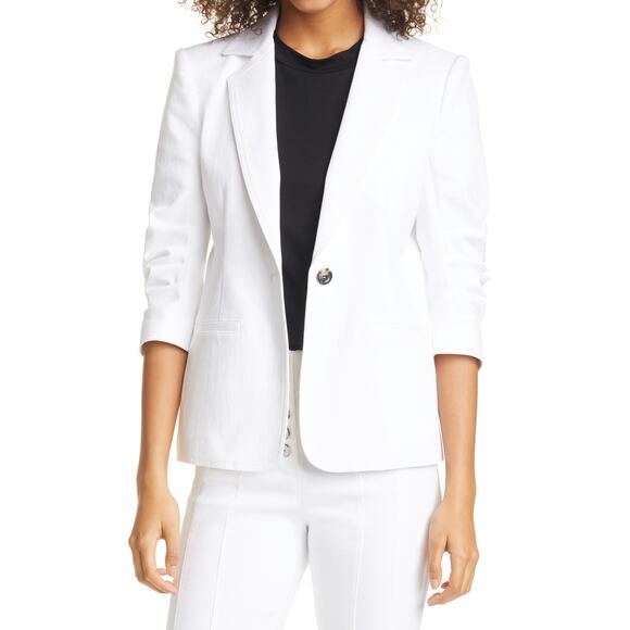 cinq a sept Jackets & Blazers - Cinq A Sept 'Khloe' White Cotton Ruched Sleeve White Denim Blazer Size 10